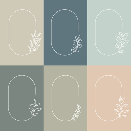 Set of vintage boho frames of branches. Hand drawn vector leaves decorative elements. Vector illustrationのイラスト素材