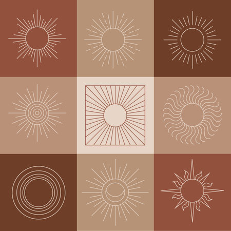 Bohemian sun, linear logos, icons and symbols, geometric abstract design elements for decoration.のイラスト素材
