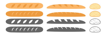 Set of bread on a white background in the cartoon style. Fresh and testy baguette. Bread iconのイラスト素材
