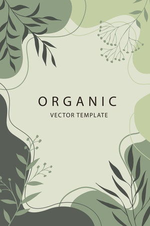 Poster with green background, liquid shapes, leaves and elements. Layouts for prints, flyers, covers, banner designs. Organic and natural concepts. Vector illustrationのイラスト素材