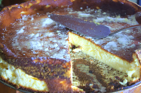 Paste on tray with cut scrap cheese-cakeの写真素材