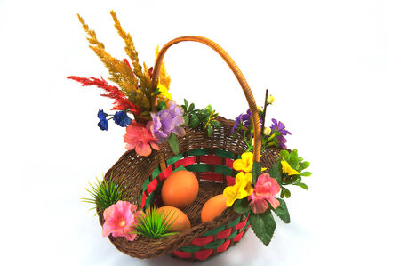 Three eggs in basket for celebrating on easter prepareの写真素材