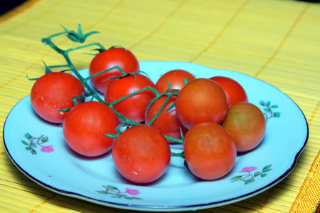  Tomatoes on plate on yellow padの写真素材