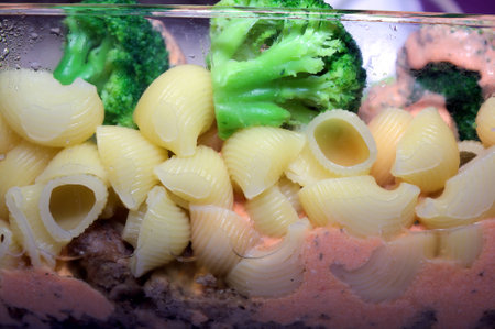 casserole with broccoli from ground meat and pastaの写真素材