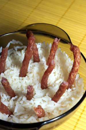 Rice with dry smoked pork sausageの写真素材