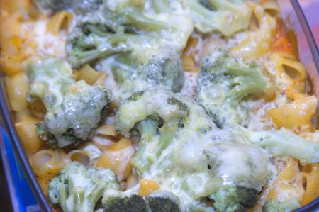 macaroni casserole with broccoli and minced meatの写真素材