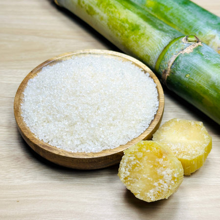 Close-up of granulated sugar and traditional jaggery pieces with fresh sugarcane stalks on a wooden surface. Natural sweetener and food ingredient concept.