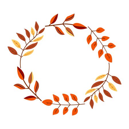 Bright colorful autumn branches circle frame for design on white, stock illustrationのイラスト素材