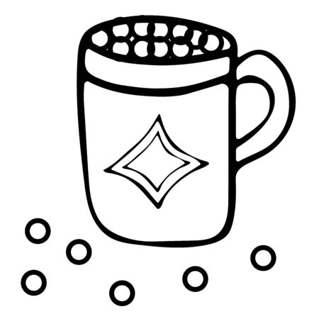 A cup of coffee with marshmallows or other drinks black and white doodle style. Hand drawn illustrationのイラスト素材