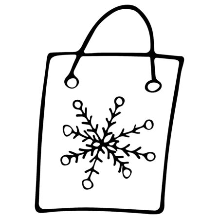 Gift package with snowflake black and white doodle style. Bags for shopping. Hand drawn illustrationのイラスト素材