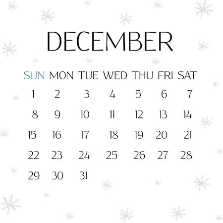 Calendar for December 2019. White background with snowflakes. Winter illustrationのイラスト素材