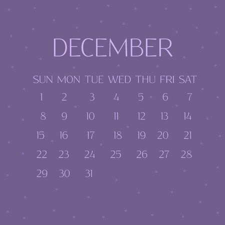 Calendar for December 2019. Purple background with snowflakes. Winter illustrationのイラスト素材