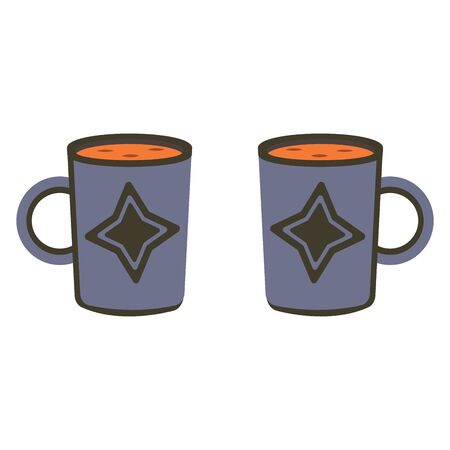 Two blue mugs of tea or coffee with a star-shaped pattern. Stylish illustration of dishesのイラスト素材