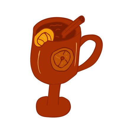 Mulled wine in a glass in doodle style, hot drink in winter, poster for cafe, menu. Spice cardamom, cinnamon stick, nutmeg, anise star, honey, ginger, orange. Warming drink. Colorful illustrationのイラスト素材