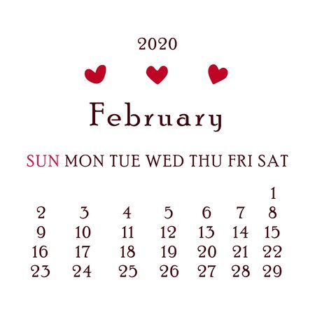 February 2020 Calendar. Second month of the new year, winter time. For personal use and for the office. Scheduler. Illustration on a white background. Red hearts decor. Happy Valentines dayのイラスト素材