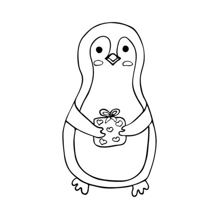 Cute Penguin Holds A Gift. Happy Valentines Day. Feast of love February 14th. Box with bow and hearts. Black and white doodle style illustrationのイラスト素材