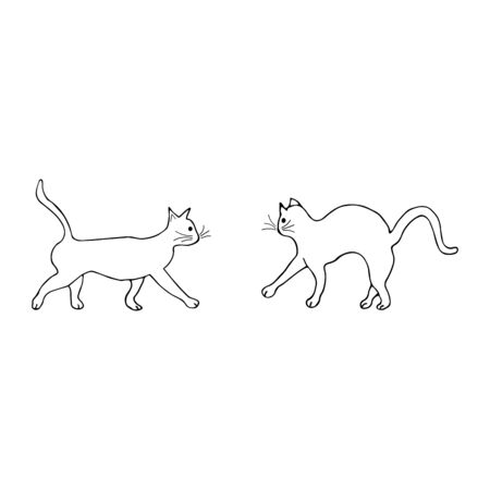 Two cats go towards each other, one arched its back and wary. Doodle black and white illustration vector on white background. Cute animalsのイラスト素材