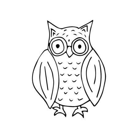 Cute owl black and white doodle illustration on white background. Forest bird of preyのイラスト素材