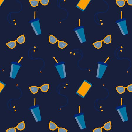 Seamless pattern with sunglasses, headphones, a smartphone and a glass with a drink on a blue...