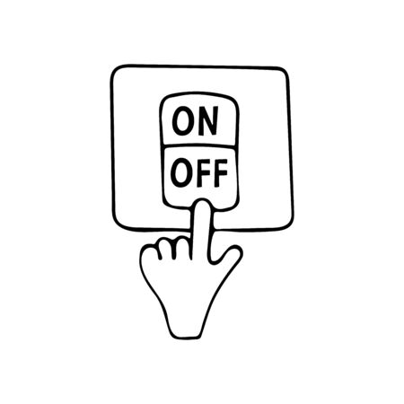 Light switch. Hand presses the button off. Earth Hour. Save planet concept. Black and white doodle...