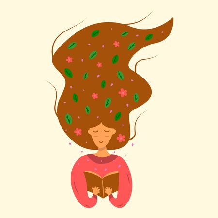 A girl with long red hair is reading a book. Flowers and leaves with petals in the hair. World Book Day. Spring mood. Colorful character vector illustrationのイラスト素材