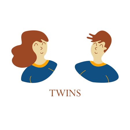 Boy and girl twins, siblings resemble one another, family ties. Flat vector illustration with inscription on a white backgroundのイラスト素材