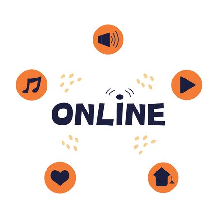 Online inscription with icons volume, play, musical note, student hat, heart. Education on the Internet, leisure, entertainment. Isolated vector illustrationのイラスト素材