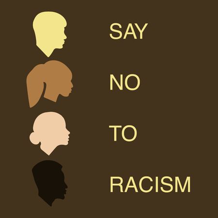 Silhouettes of faces of people of different races on a brown background with the inscription no to racism. Vector illustration flat style. Africans, Europeans, Asians. Friendship of peoples and tolerance. Struggle for equalityのイラスト素材