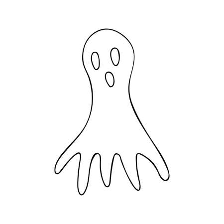 Scary flying ghost. Horrible wraith frightening screams. A monster with an open mouth. Hungry spook. Happy Halloween vector illustration in doodle style. Black and white hand drawn single objectのイラスト素材