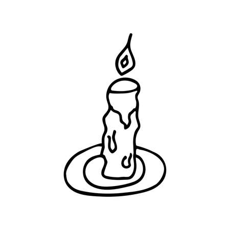 Candle in a small candlestick burns, black and white vector illustration in doodle style. Drops of wax froze on the sides. Hand drawn single elementのイラスト素材