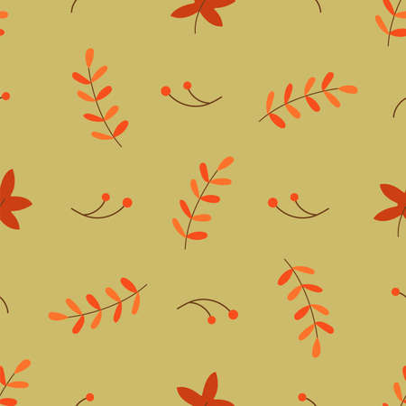 Seamless pattern with autumn leaves, twigs and rowan. Background. Wrapping paper or fabric. Colorful vector illustrationのイラスト素材
