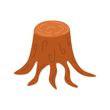 Sawed stump tree with branched roots. Ecology concept. Respect for nature. Colorful vector illustration on a white background. Cartoon styleのイラスト素材