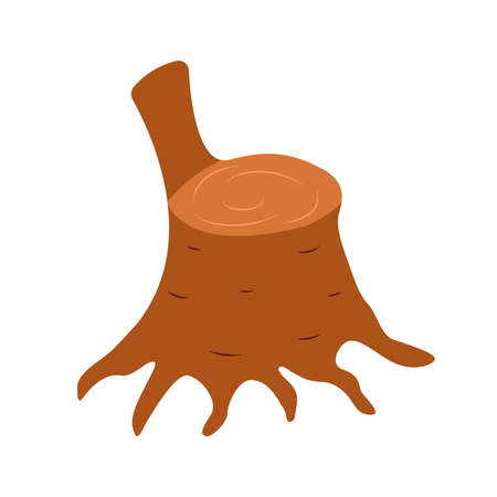 Sawed stump tree with a back and branched roots. Ecology concept. Respect for nature. Colorful vector illustration on a white background. Cartoon styleのイラスト素材
