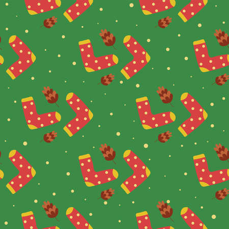 Seamless pattern warm cozy socks. Pine cones, falling snow. Christmas pattern, winter packaging. Green background. Vector illustration in flat styleのイラスト素材