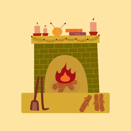 Cozy fireplace with burning candles, stack of books, yarn and knitting needles. Wood is lying near the fireplace, shovel and fireplace poker. Garland of fir twigs. Hand drawn vector illustration. Chriのイラスト素材
