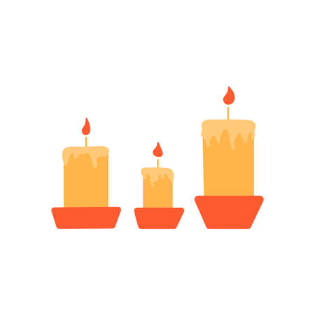 Burning candles in candlesticks. Wax or paraffin. Colorful vector isolated illustration hand drawn. Home decor element, holiday party, Christmas or aromatherapyのイラスト素材