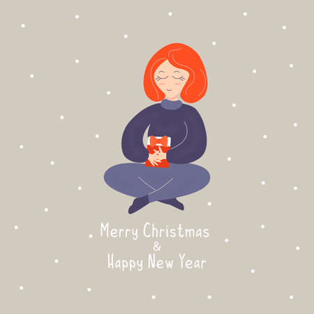 Smiling girl sitting in lotus position with a gift in her hands. Holiday box with a bow. New Year or Christmas card.のイラスト素材