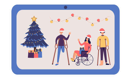 Disabled people are celebrating Christmas and New Year online and smile happily. Girl in a wheelchair, guy with an amputated leg, guy in a cast on crutches. By video communication via laptop. Christmas tree with gifts. Santa Claus hats. Garland. Colorful cartoon vector illustration holidayのイラスト素材