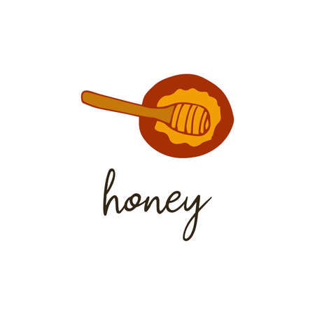 Spoon with honey in a plate. Hand drawn vector isolated illustration with the inscription. Fresh sweet healthy dessertのイラスト素材