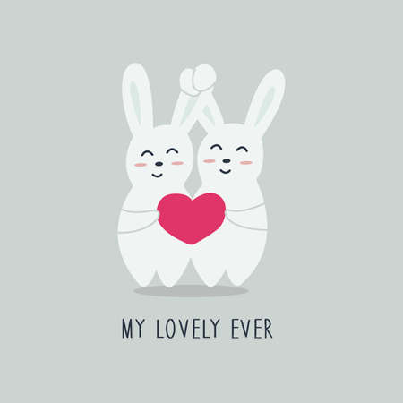 Cute couple of hares in love hold pink heart in their paws. Phrase my lovely ever. Vector illustration in doodle style hand drawing on blue background. Happy Valentines Day. February card or poster, valentineのイラスト素材