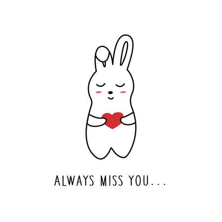 Cute hare holds a heart in paws. Phrase always miss you. Vector illustration in doodle style isolated hand drawing. Happy Valentines Day. February card or poster, valentineのイラスト素材