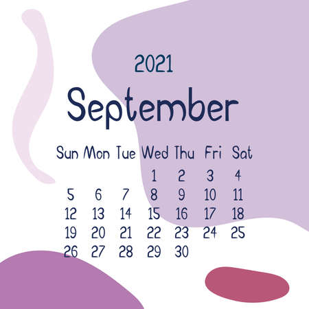 2021 september calendar with abstract shapes on background. Colorful modern calendar with trending colors, monthly planner. Vector flat illustration. Modern simple design. Autumn monthのイラスト素材