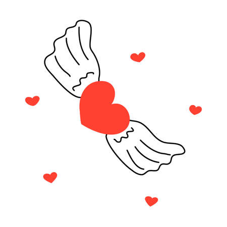 Heart with wings in flight. Happy Valentines Day. February 14th. On white background isolated vector doodle hand drawnのイラスト素材