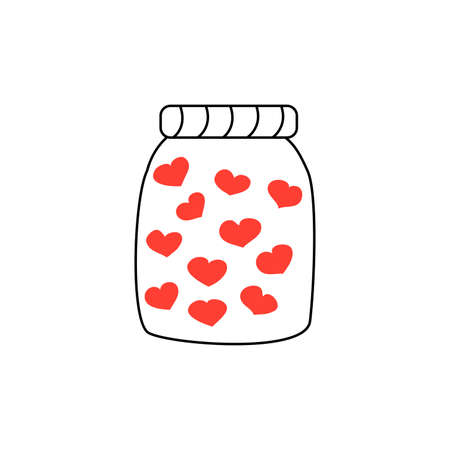 Jar with red hearts inside. Valentines Day. Confession of feelings. Vector isolated illustration doodle hand drawn. The 14th of February. Icon or cardのイラスト素材