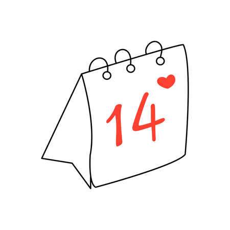 Tear-off calendar with the date of February 14 and a red heart. Vector isolated illustration in doodle hand drawn style. Happy valentines dayのイラスト素材