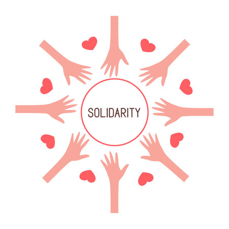 Hands of people are united in a circle with hearts. International Day of Human Solidarity. Social cohesion. Supporting each other through love. Colorful vector isolated illustration in flat styleのイラスト素材