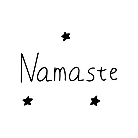 Namaste. Indian greeting in Hindi. Black and white vector illustration isolated doodle. Handwritten lettering with starsのイラスト素材