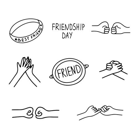Set of icons on the theme of friendship. Handshake, greeting, friendship bracelet, badge with the inscription friend. Happy friendship day. Black and white vector illustration isolatedのイラスト素材
