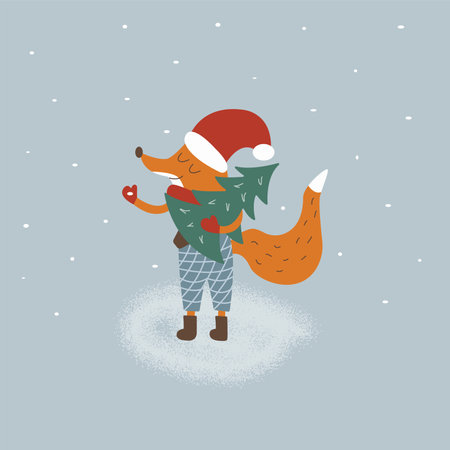 Fox in a New Years hat carries a Christmas tree in its paws. Snowing. Colorful vector illustration in cartoon style. Merry Christmas. Winter time. Cute animalのイラスト素材