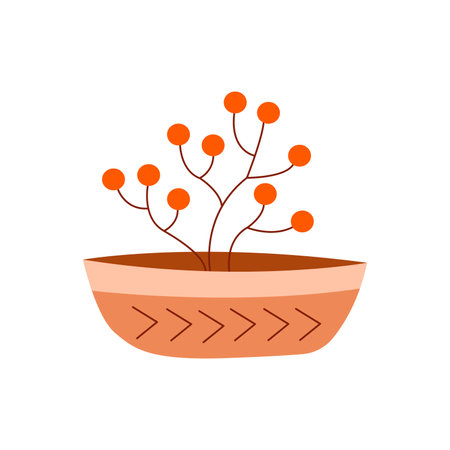 Houseplant in a pot. Potted plant. Circle shape. Colorful hand drawn vector illustration isolated doodle in boho styleのイラスト素材